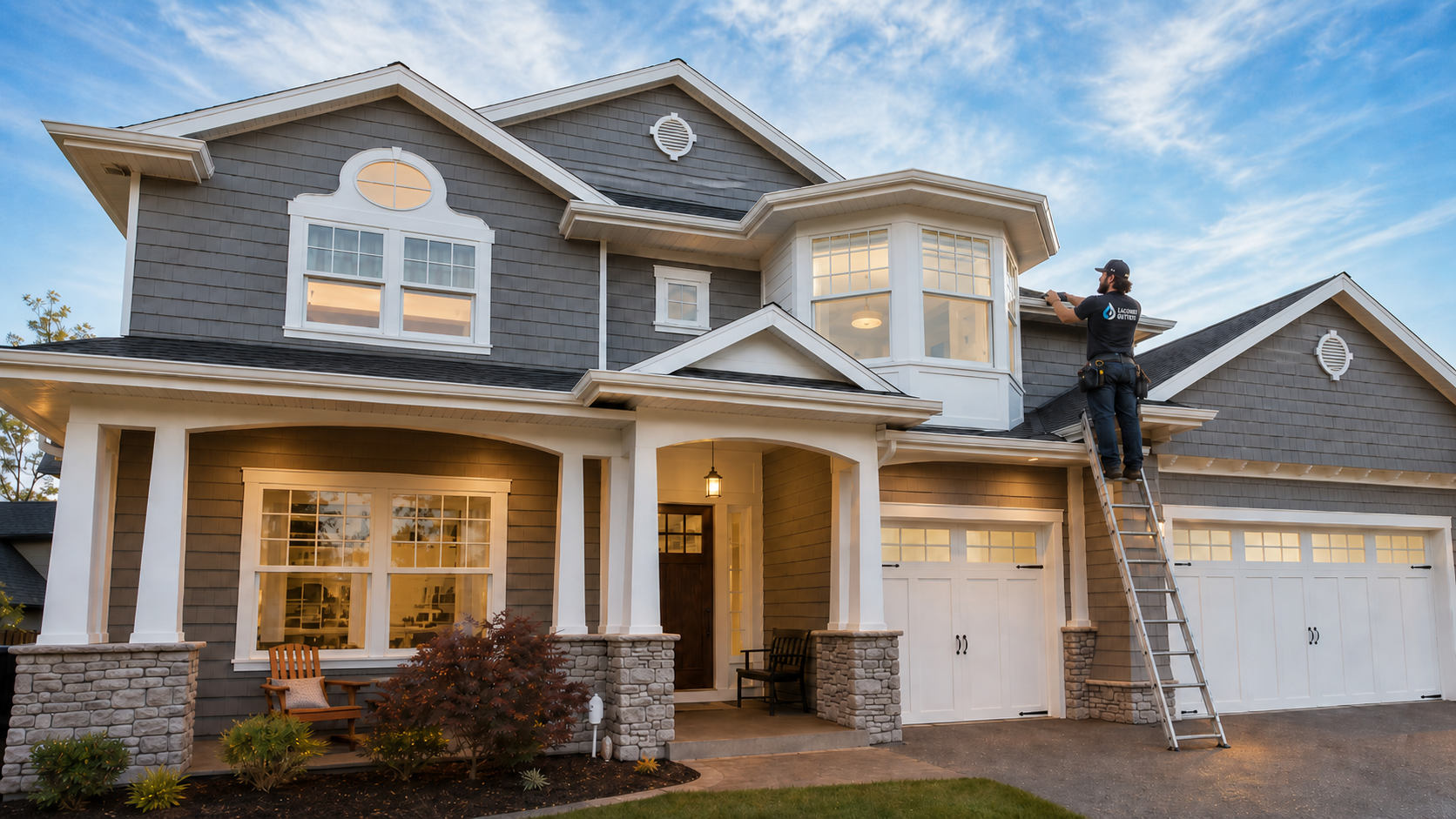 Lacombe Gutters technician installing eavestroughs on a Central Alberta home